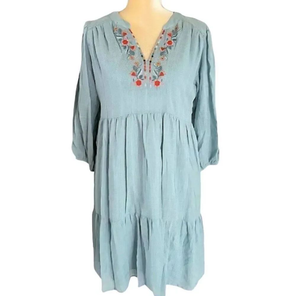 Knox Rose Dress Women's Small Sage Green Tiered Embroidered Knee Length